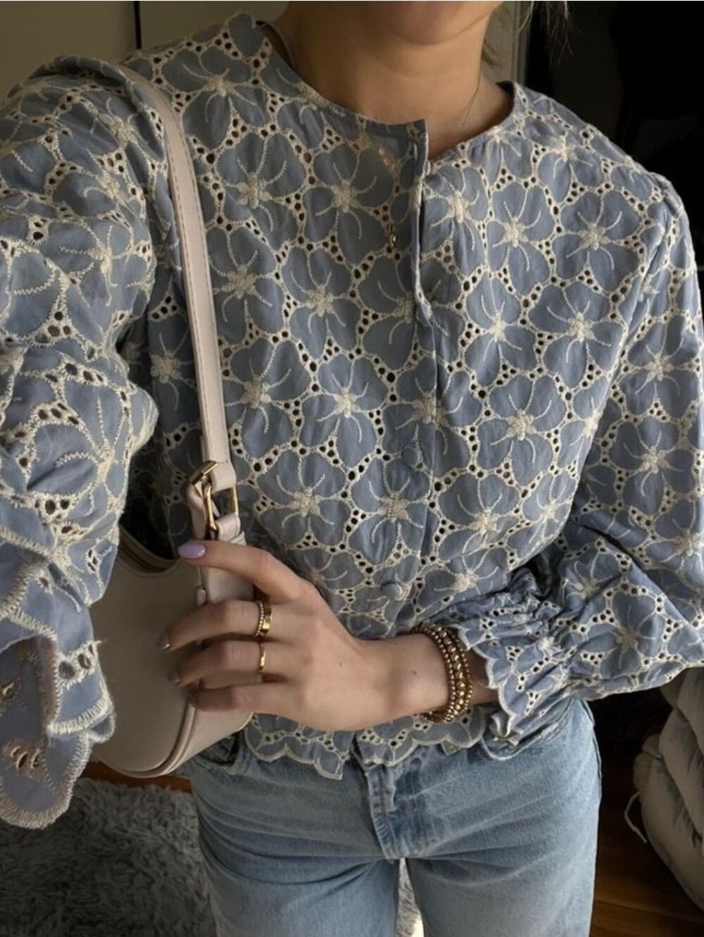 Zara 100% Cotton Sky Blue Eyelet Embroidered Blouse (Size Large)